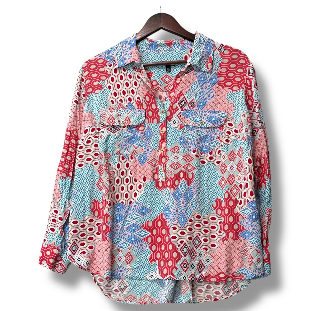 Talbots Woman Petites 1XP Geometric Popover Blouse Rayon Red Blue Boho Print